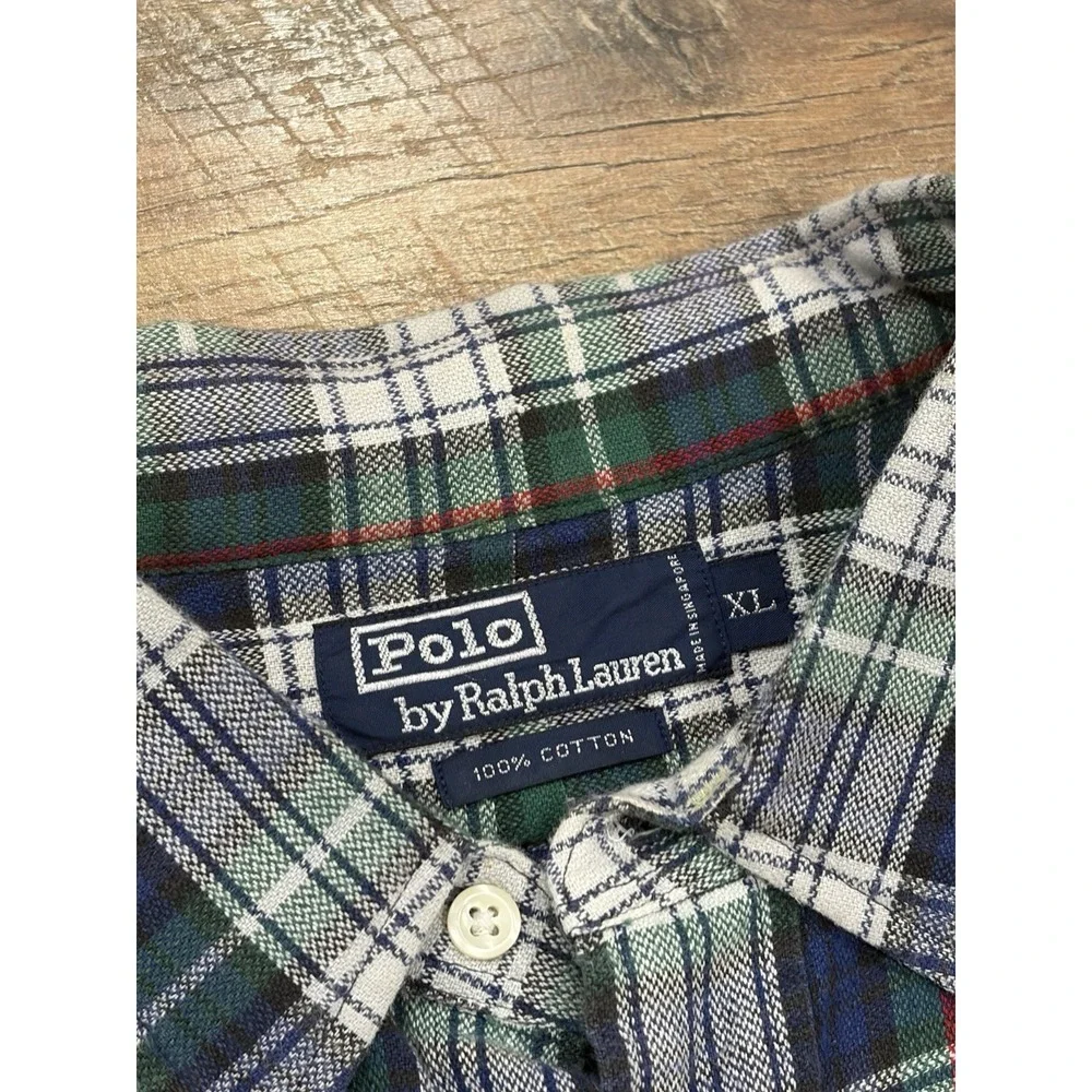 Vintage 90s‎ Polo Ralph Lauren Plaid Flannel Button Up Shirt XL Blue Green